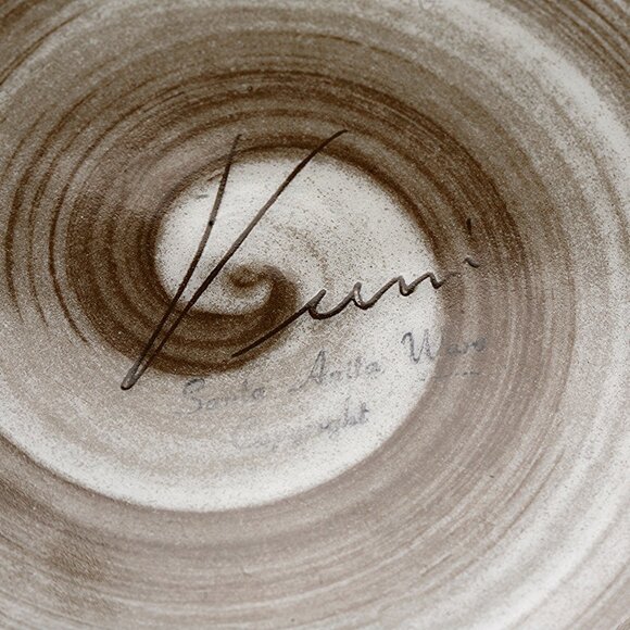 SIGNED! VINTAGE 50s MIDCENTURY GREEN BROWN SWIRL PLATTER SANTA ANITA WARE - Picture 2 of 3